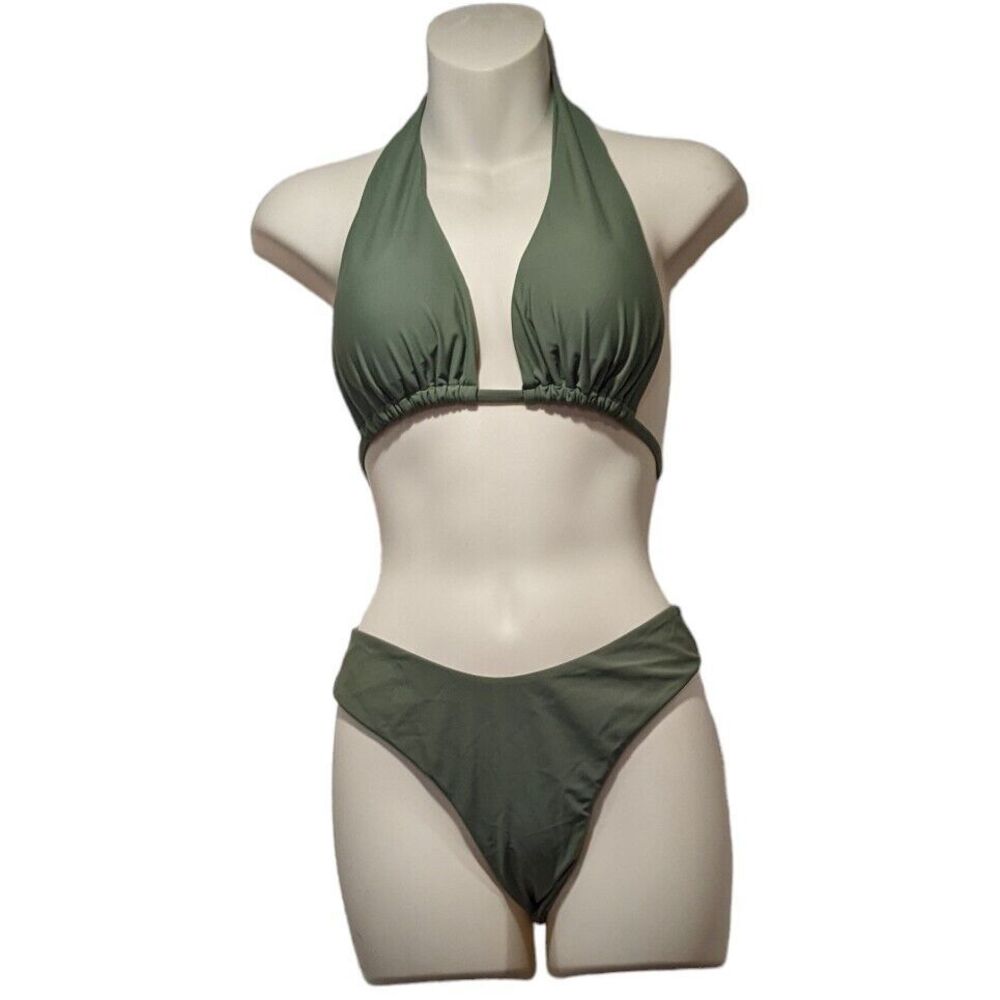 Large Bikini‎ Set Swimsuit Avocado Green  Halter  Spaghetti Strap Cheeky 2 Piece